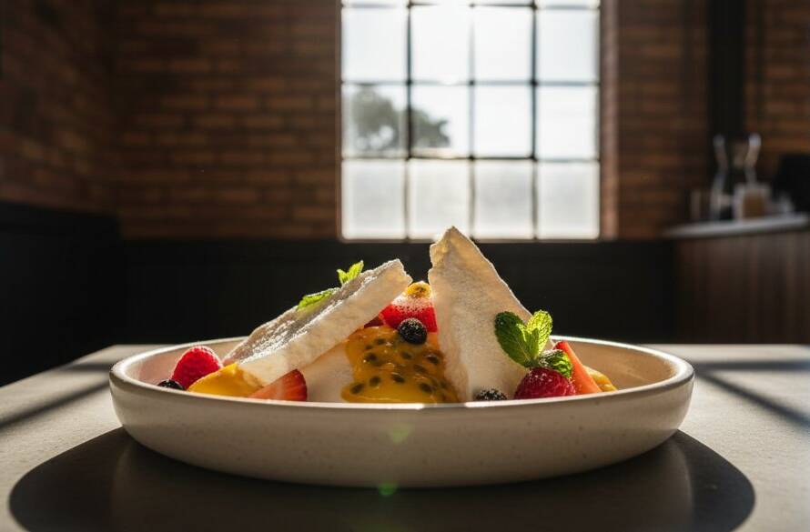 A high-angle, dramatic shot showcasing a perfectly plated artisanal lemon tart from a Spotswood cafe, bathed in warm, directional window light, highlighting its delicate textures and vibrant colours, embodying professional Spotswood artisanal dessert photography tips.