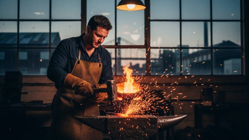 Dramatic, cinematic photograph featuring a local Spotswood artisan meticulously crafting a bespoke item in a dimly lit, atmospheric workshop, with strong backlighting highlighting the intricate details of their work, perfectly embodying Spotswood brand storytelling photography for a local business advertisement.
