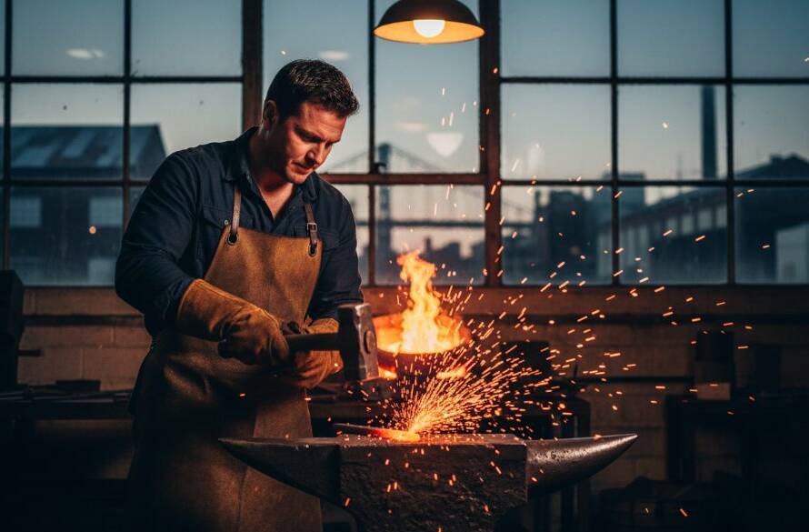 Dramatic, cinematic photograph featuring a local Spotswood artisan meticulously crafting a bespoke item in a dimly lit, atmospheric workshop, with strong backlighting highlighting the intricate details of their work, perfectly embodying Spotswood brand storytelling photography for a local business advertisement.
