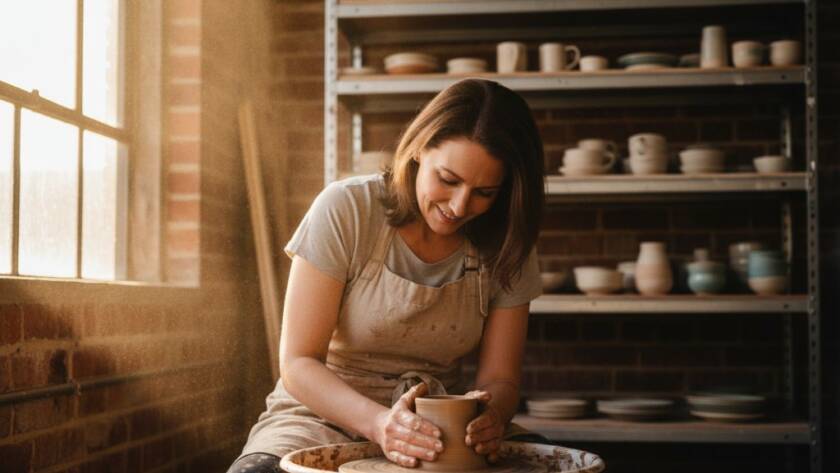Dramatic, cinematic photograph featuring a local artisan in Spotswood, Victoria, Australia, skillfully crafting a product in their workshop, showcasing authentic personal brand imagery. The scene is bathed in warm, golden hour light, with sparks or dust motes catching the light, creating an epic moment for Spotswood Branding Photography to Grow Your Business.