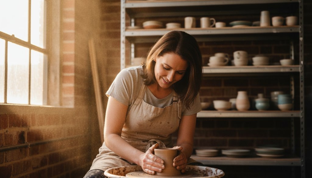 Dramatic, cinematic photograph featuring a local artisan in Spotswood, Victoria, Australia, skillfully crafting a product in their workshop, showcasing authentic personal brand imagery. The scene is bathed in warm, golden hour light, with sparks or dust motes catching the light, creating an epic moment for Spotswood Branding Photography to Grow Your Business.