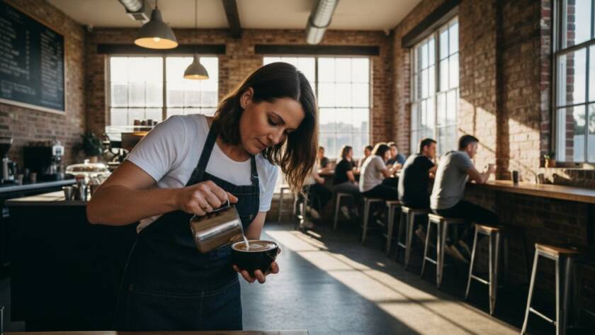 Dramatic shot of a vibrant cafe owner in Spotswood smiling confidently, surrounded by their bustling customers, beautifully captured with professional Spotswood business branding photography for local success, showcasing community and entrepreneurial spirit.