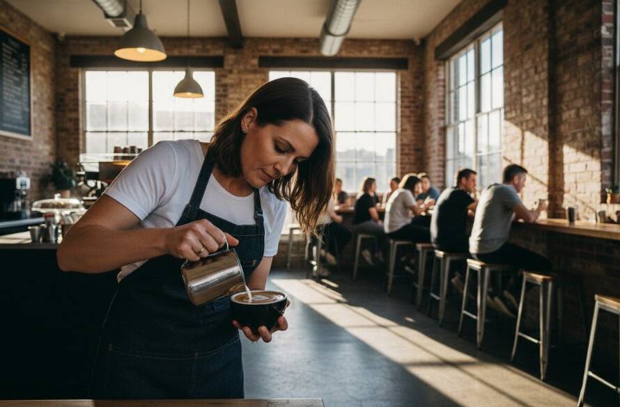 Dramatic shot of a vibrant cafe owner in Spotswood smiling confidently, surrounded by their bustling customers, beautifully captured with professional Spotswood business branding photography for local success, showcasing community and entrepreneurial spirit.