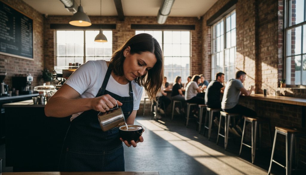 Dramatic shot of a vibrant cafe owner in Spotswood smiling confidently, surrounded by their bustling customers, beautifully captured with professional Spotswood business branding photography for local success, showcasing community and entrepreneurial spirit.