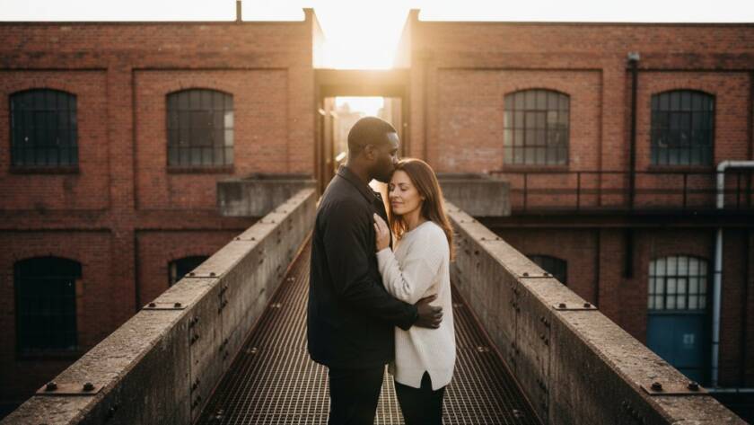 An epic moment of a deeply connected couple sharing a tender embrace against the textured, urban industrial landscape of Spotswood, expertly captured by professional Spotswood engagement photography urban industrial charm with cinematic warm light.