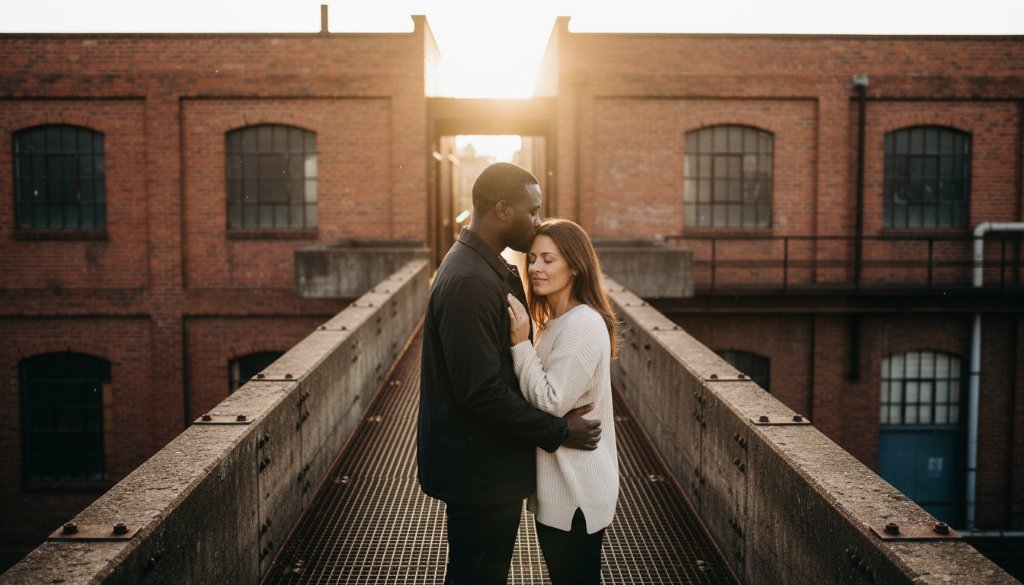 An epic moment of a deeply connected couple sharing a tender embrace against the textured, urban industrial landscape of Spotswood, expertly captured by professional Spotswood engagement photography urban industrial charm with cinematic warm light.