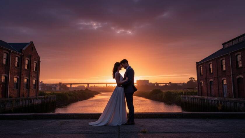 An epic moment of a couple embracing amidst the historic industrial charm of Spotswood, captured through Spotswood Fine Art Photography, with dramatic golden hour lighting highlighting their timeless Victorian elegance.