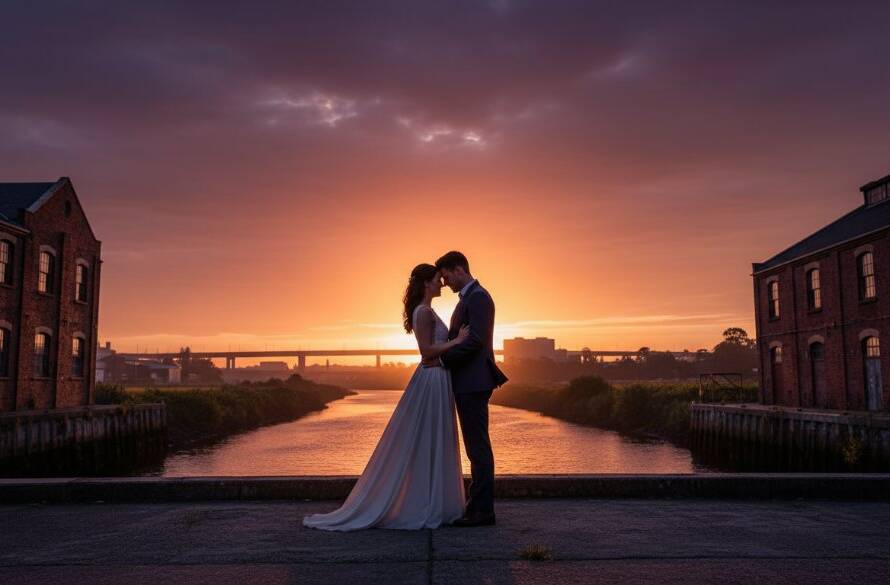 An epic moment of a couple embracing amidst the historic industrial charm of Spotswood, captured through Spotswood Fine Art Photography, with dramatic golden hour lighting highlighting their timeless Victorian elegance.