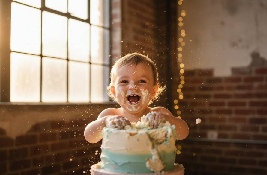 An adorable one-year-old child covered in cake, laughing joyfully during their Spotswood first birthday cake smash photography experience, captured with dramatic lighting and vibrant colours against an industrial-chic Spotswood backdrop.