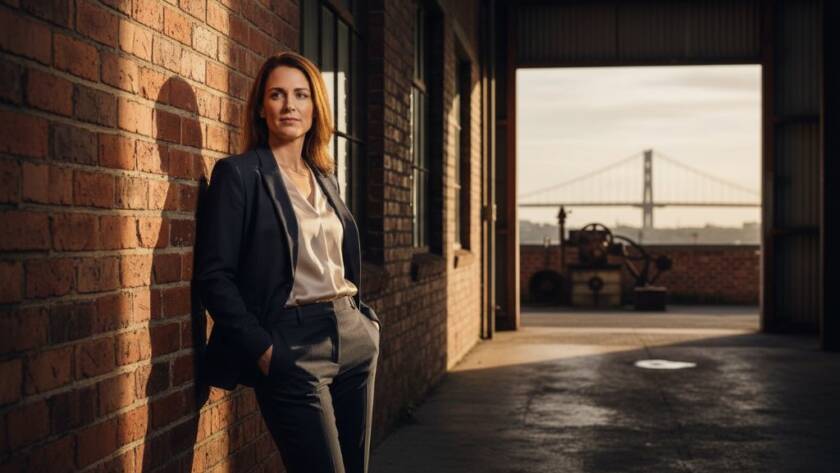 A high-fashion model captured mid-stride against a gritty, textured industrial backdrop in Spotswood, Victoria, showcasing our Spotswood industrial backdrop editorial photography expertise with dramatic lighting and professional colour grading, embodying a powerful urban narrative.