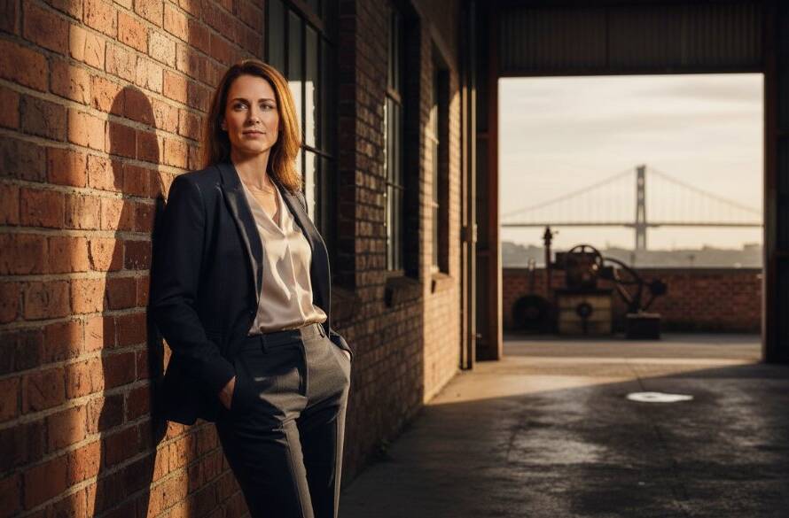 A high-fashion model captured mid-stride against a gritty, textured industrial backdrop in Spotswood, Victoria, showcasing our Spotswood industrial backdrop editorial photography expertise with dramatic lighting and professional colour grading, embodying a powerful urban narrative.