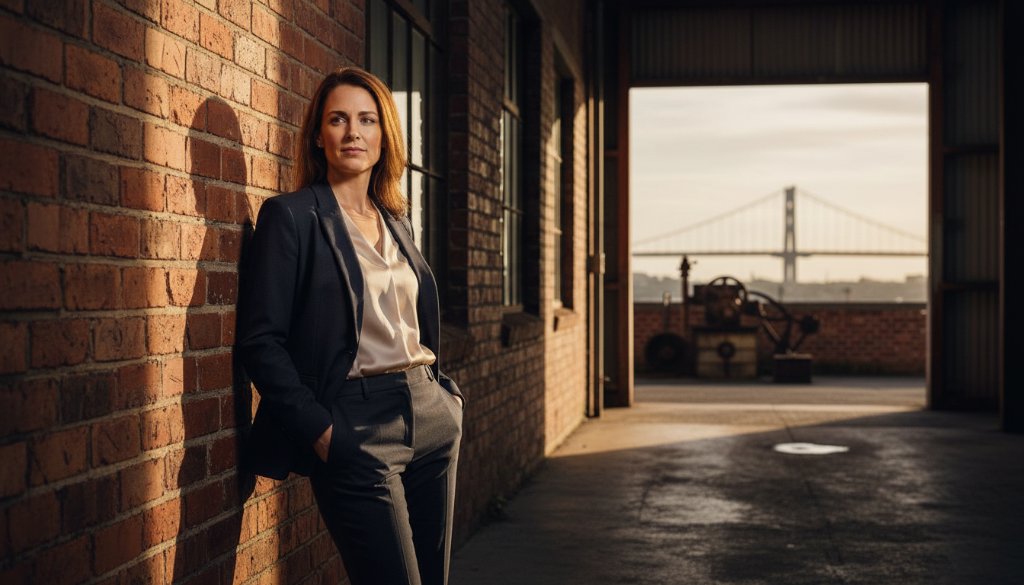 A high-fashion model captured mid-stride against a gritty, textured industrial backdrop in Spotswood, Victoria, showcasing our Spotswood industrial backdrop editorial photography expertise with dramatic lighting and professional colour grading, embodying a powerful urban narrative.