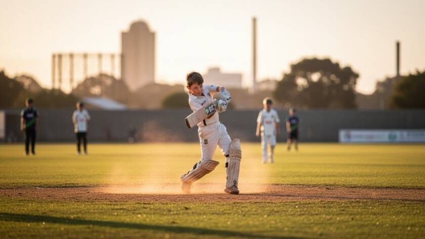 A dynamic wide-angle shot capturing an intense moment of Spotswood junior cricket action photography, with a young batter mid-swing against a blurred background of the Spotswood Cricket Club oval, dust rising, dramatic golden hour lighting from the side, conveying speed and determination.