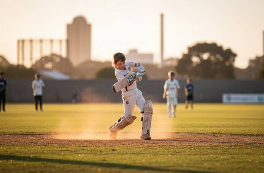 A dynamic wide-angle shot capturing an intense moment of Spotswood junior cricket action photography, with a young batter mid-swing against a blurred background of the Spotswood Cricket Club oval, dust rising, dramatic golden hour lighting from the side, conveying speed and determination.
