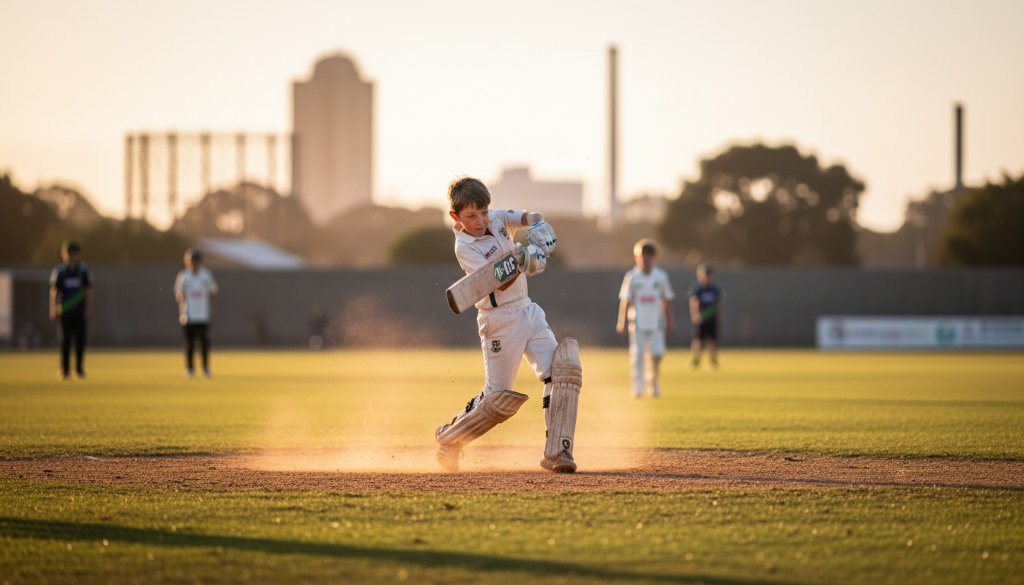 A dynamic wide-angle shot capturing an intense moment of Spotswood junior cricket action photography, with a young batter mid-swing against a blurred background of the Spotswood Cricket Club oval, dust rising, dramatic golden hour lighting from the side, conveying speed and determination.