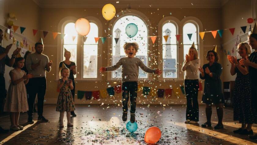A vibrant, candid photograph capturing a child's ecstatic laugh during a birthday cake cutting ceremony at a Spotswood Kids Birthday Party Photography event, with confetti flying and parents cheering in the background, showcasing pure joy and celebration.