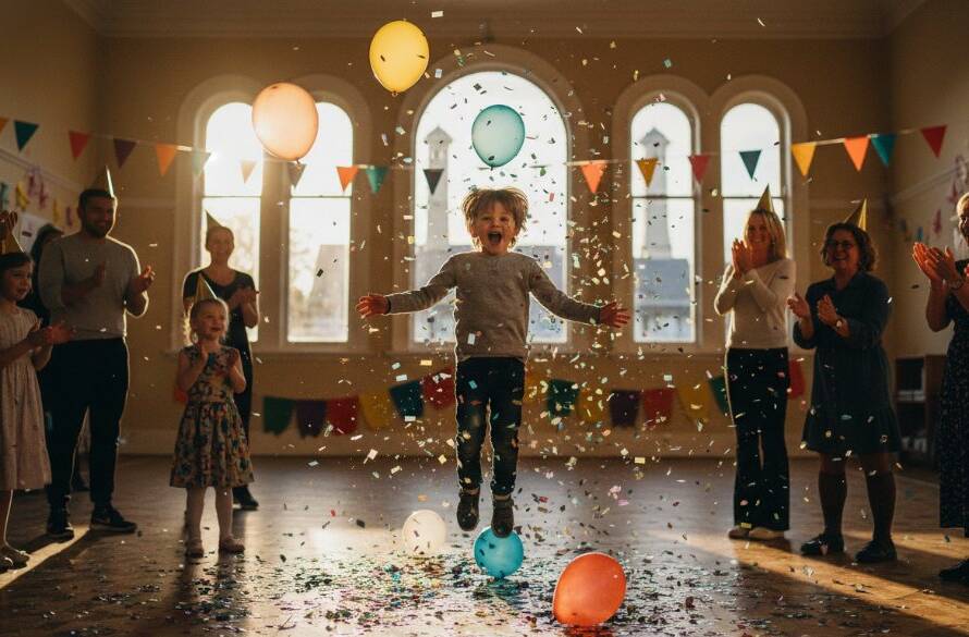 A vibrant, candid photograph capturing a child's ecstatic laugh during a birthday cake cutting ceremony at a Spotswood Kids Birthday Party Photography event, with confetti flying and parents cheering in the background, showcasing pure joy and celebration.