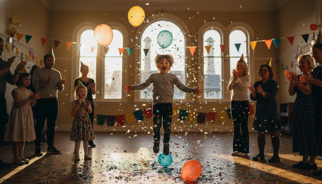 A vibrant, candid photograph capturing a child's ecstatic laugh during a birthday cake cutting ceremony at a Spotswood Kids Birthday Party Photography event, with confetti flying and parents cheering in the background, showcasing pure joy and celebration.