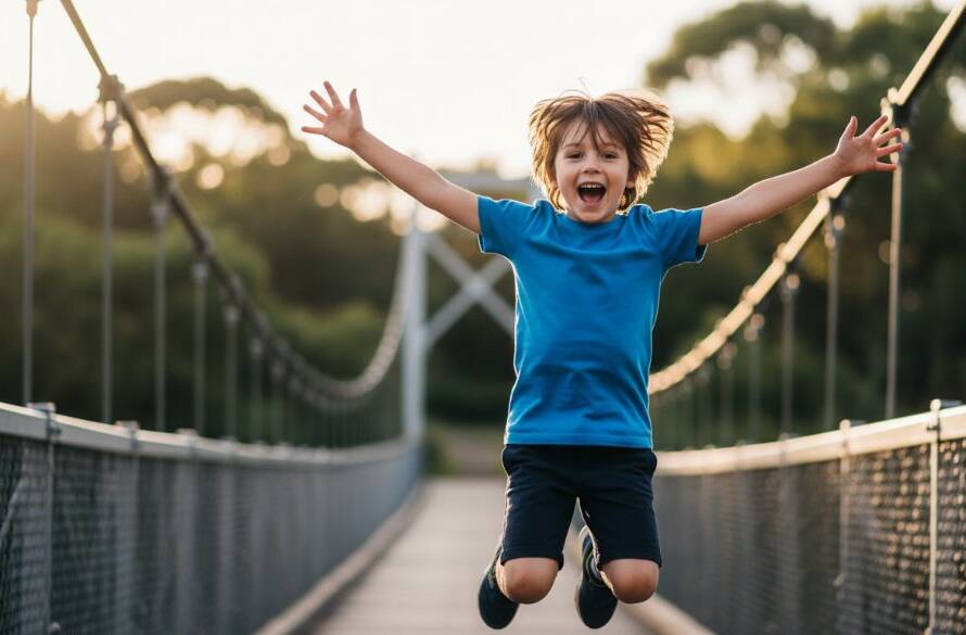 An epic moment of a child laughing joyfully mid-jump on the Stony Creek Suspension Bridge, captured with professional lighting and colour grading, embodying Spotswood Kids Photography Capturing Genuine Smiles.