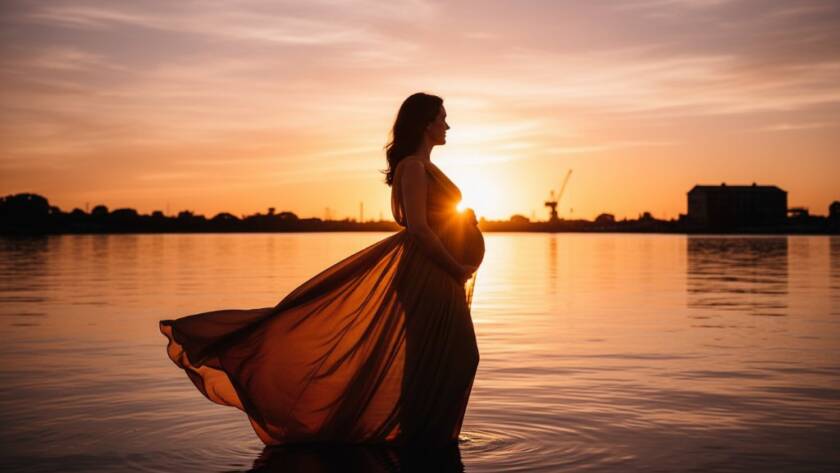An epic moment of a pregnant woman silhouetted against a dramatic sunset over the Spotswood waterfront, showcasing a beautiful Spotswood maternity photoshoot scenic views.
