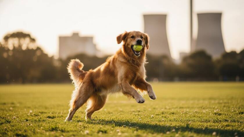 A majestic golden retriever mid-leap, fetching a frisbee in a sun-drenched Spotswood park, showcasing expert Spotswood pet photography capturing active furry friends with dramatic backlighting and a joyful expression.