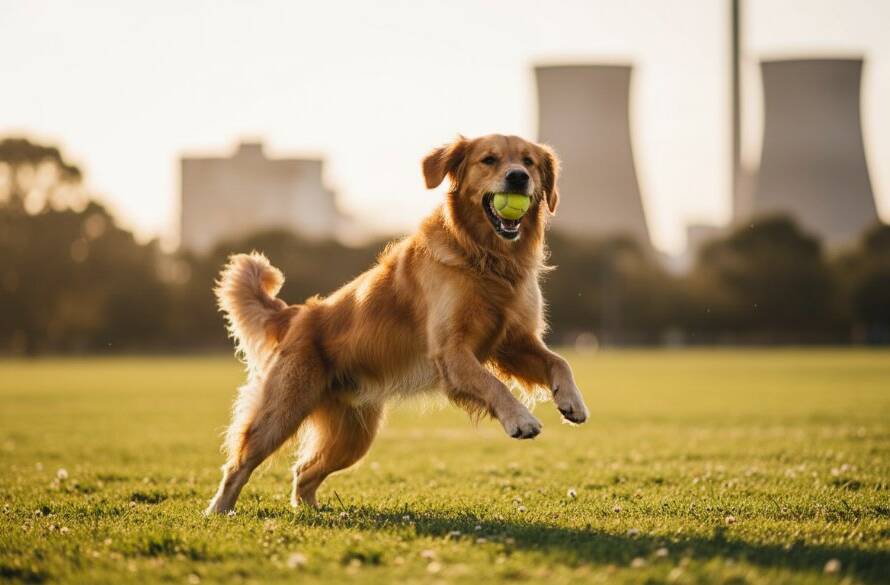 A majestic golden retriever mid-leap, fetching a frisbee in a sun-drenched Spotswood park, showcasing expert Spotswood pet photography capturing active furry friends with dramatic backlighting and a joyful expression.