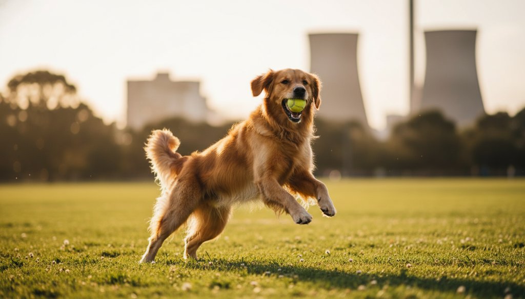 A majestic golden retriever mid-leap, fetching a frisbee in a sun-drenched Spotswood park, showcasing expert Spotswood pet photography capturing active furry friends with dramatic backlighting and a joyful expression.