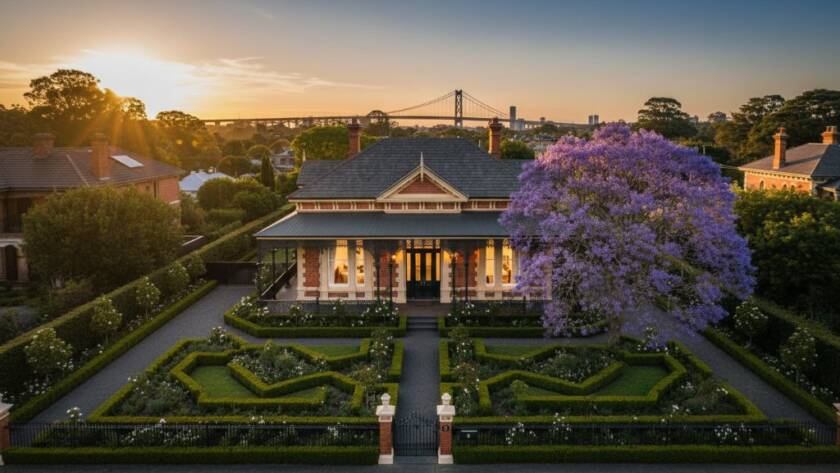 A breathtaking wide-angle shot of a beautifully restored modern Victorian home in Spotswood at dusk, with warm interior lights glowing, highlighting intricate facade details and a meticulously landscaped garden under a twilight sky, embodying the essence of professional Spotswood real estate photography showcasing modern Victorian homes.