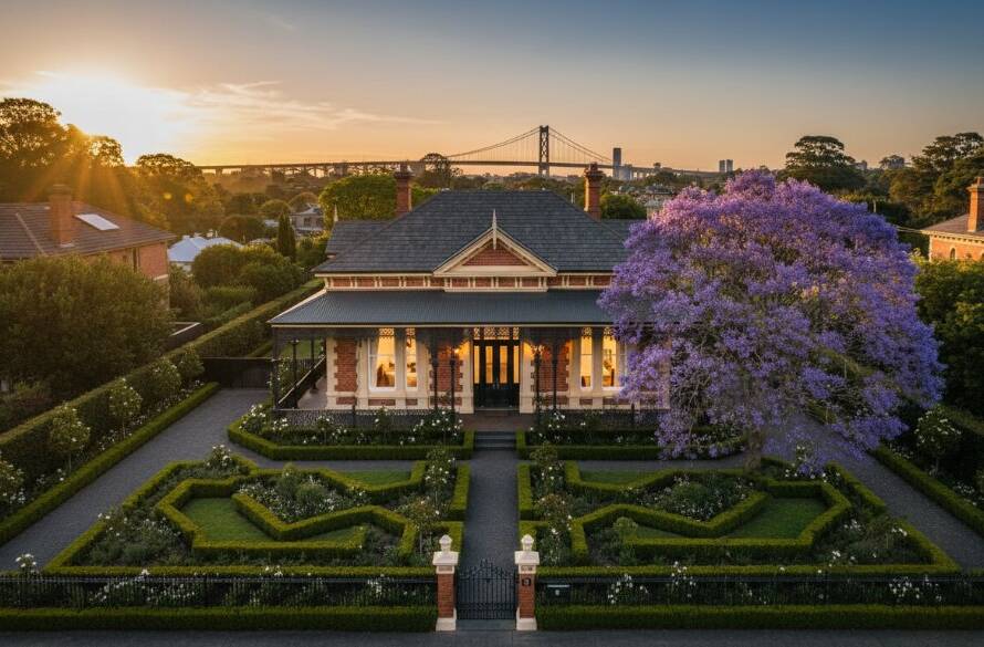 A breathtaking wide-angle shot of a beautifully restored modern Victorian home in Spotswood at dusk, with warm interior lights glowing, highlighting intricate facade details and a meticulously landscaped garden under a twilight sky, embodying the essence of professional Spotswood real estate photography showcasing modern Victorian homes.