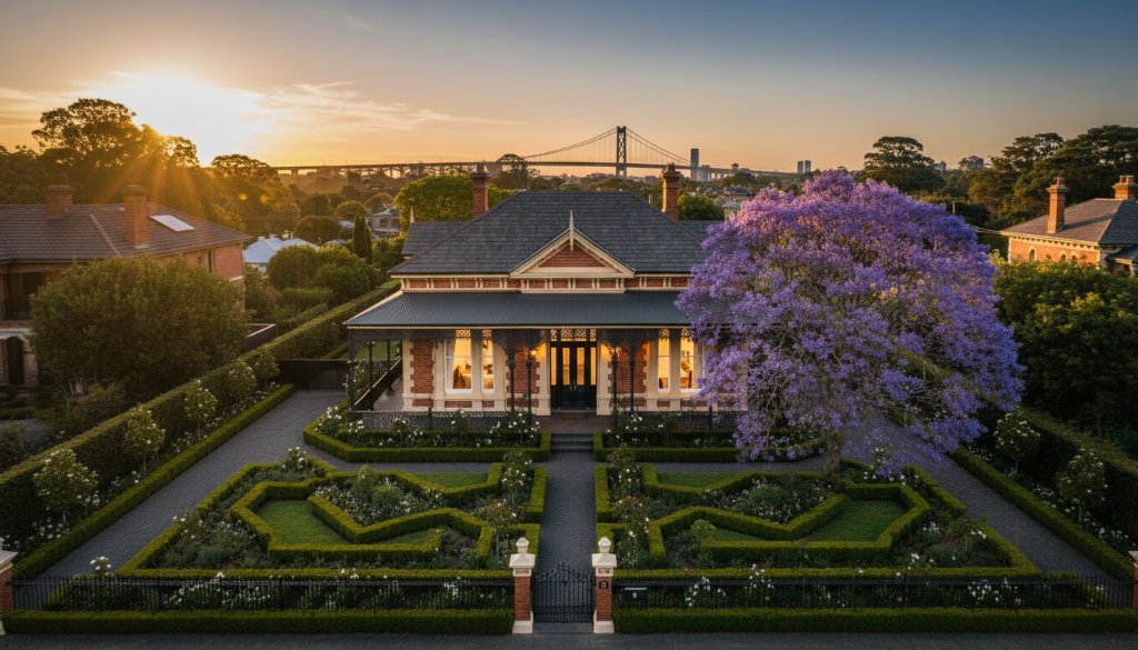 A breathtaking wide-angle shot of a beautifully restored modern Victorian home in Spotswood at dusk, with warm interior lights glowing, highlighting intricate facade details and a meticulously landscaped garden under a twilight sky, embodying the essence of professional Spotswood real estate photography showcasing modern Victorian homes.