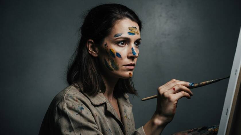 A dramatically lit, close-up studio portrait capturing the intense focus of an artist with their hands covered in paint, showcasing an epic moment of creation through Spotswood studio photography for artistic portfolios, with professional colour grading.