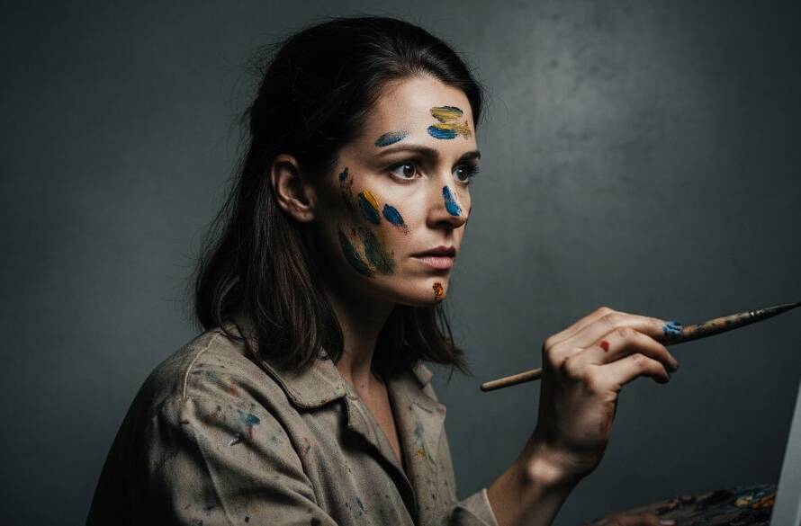 A dramatically lit, close-up studio portrait capturing the intense focus of an artist with their hands covered in paint, showcasing an epic moment of creation through Spotswood studio photography for artistic portfolios, with professional colour grading.