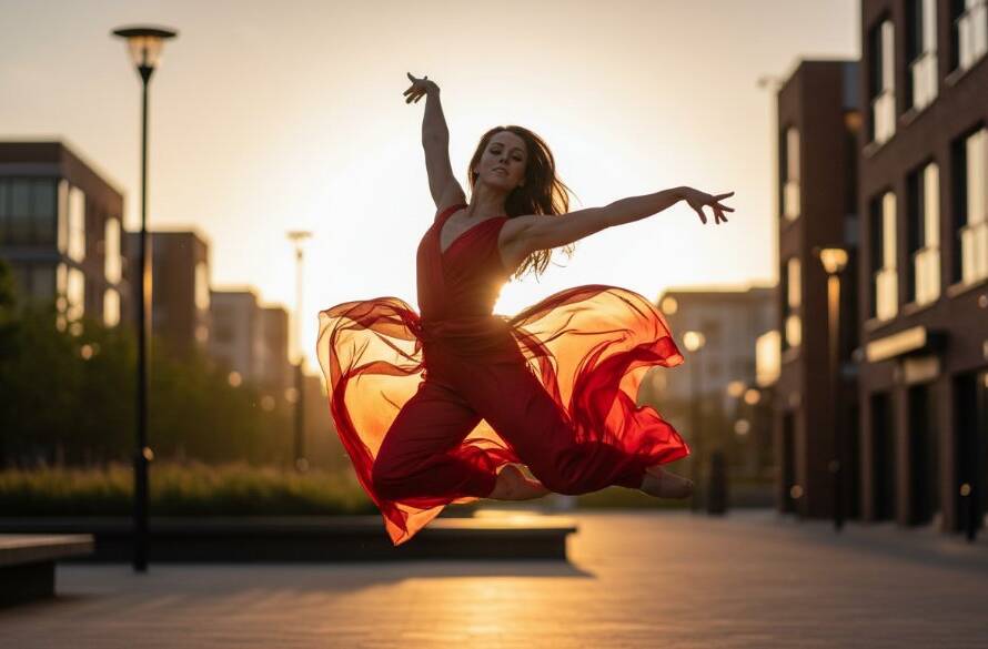 An emotive Springvale artistic dance photography portrait of a female dancer in mid-air, bathed in dramatic golden light, executing a powerful leap against a soft-focus urban Springvale backdrop, capturing an epic moment of strength and grace.