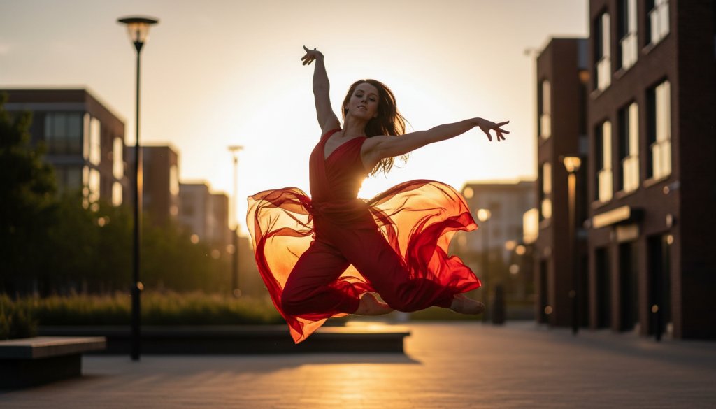 An emotive Springvale artistic dance photography portrait of a female dancer in mid-air, bathed in dramatic golden light, executing a powerful leap against a soft-focus urban Springvale backdrop, capturing an epic moment of strength and grace.