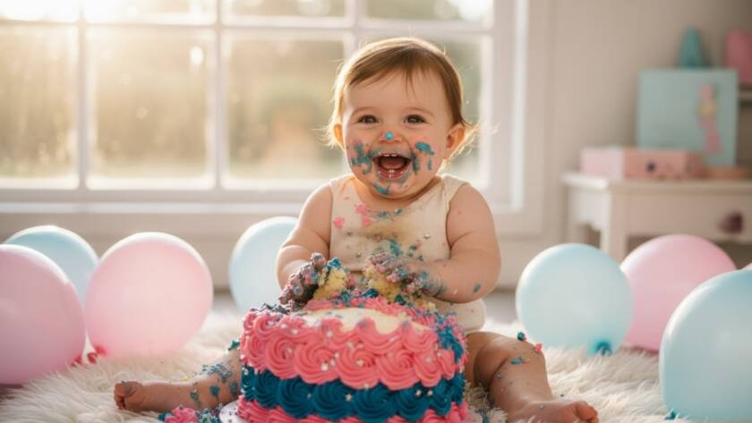 An adorable baby, covered in colourful cake frosting, laughing joyfully amidst pastel balloons and golden backlighting, capturing an epic Springvale cake smash photographer first birthday moment with dramatic flair.