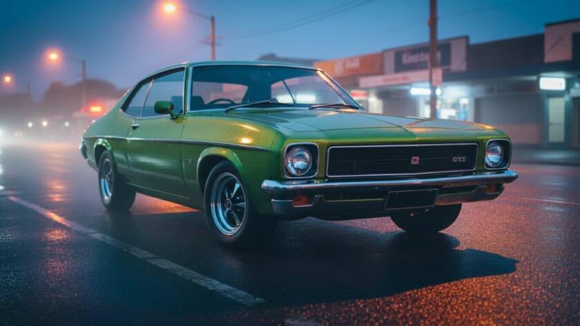 Springvale car photography for classic car owners: A classic 1960s Ford Falcon XR GT in vibrant red, perfectly parked against the backdrop of Springvale's sunset-lit market street, with dramatic golden hour lighting highlighting its sleek lines and chrome details, captured with a shallow depth of field for a cinematic feel, showcasing its raw power and timeless elegance.