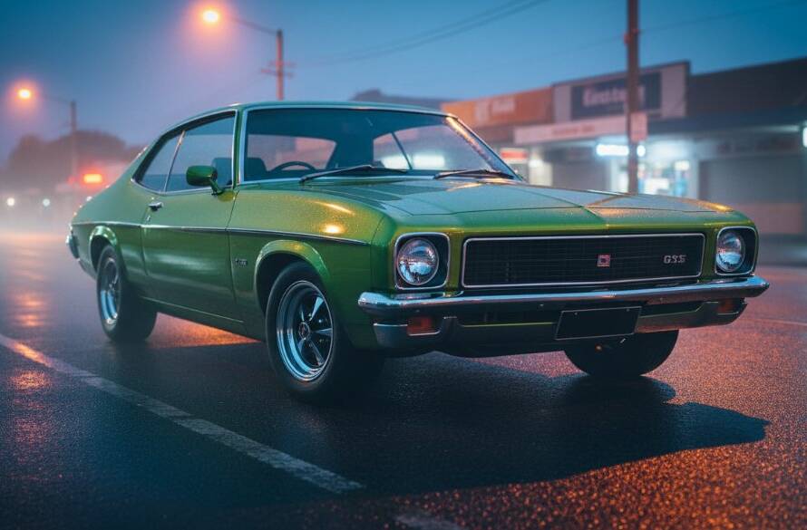 Springvale car photography for classic car owners: A classic 1960s Ford Falcon XR GT in vibrant red, perfectly parked against the backdrop of Springvale's sunset-lit market street, with dramatic golden hour lighting highlighting its sleek lines and chrome details, captured with a shallow depth of field for a cinematic feel, showcasing its raw power and timeless elegance.