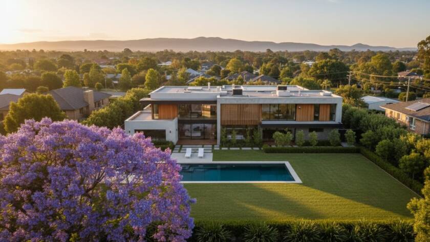 A breathtaking aerial view showcasing a modern residential property in Springvale, Victoria, bathed in golden hour light, captured by professional Springvale drone photography for property marketing, highlighting its expansive gardens and unique architectural features, with the Dandenong Ranges in the distant background.