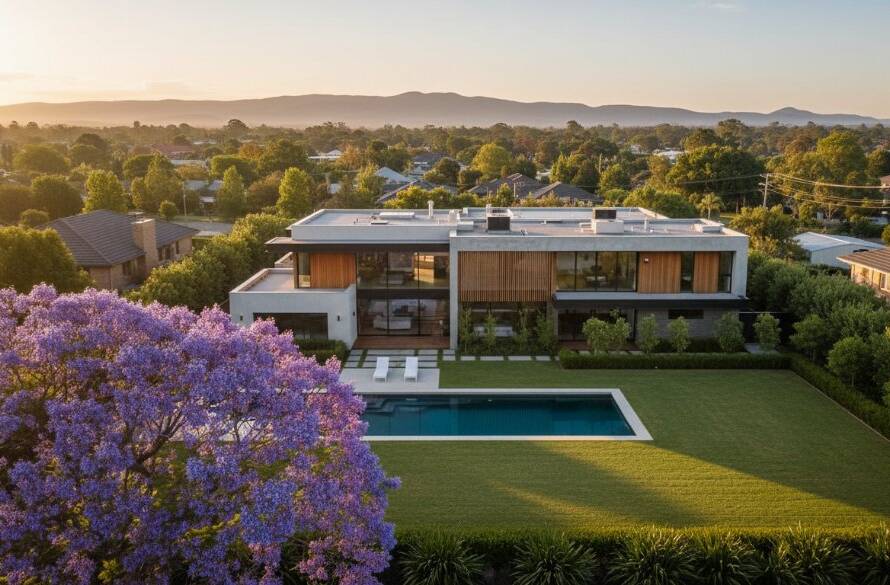 A breathtaking aerial view showcasing a modern residential property in Springvale, Victoria, bathed in golden hour light, captured by professional Springvale drone photography for property marketing, highlighting its expansive gardens and unique architectural features, with the Dandenong Ranges in the distant background.