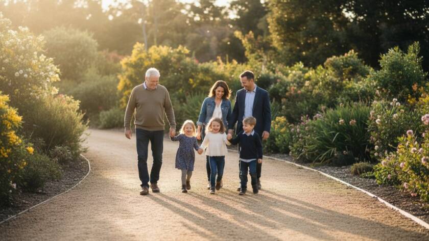 An epic moment captured by a Springvale family photographer capturing candid moments, showing a multi-generational family laughing joyfully during golden hour in Springvale Botanical Gardens, a toddler being swung by their parents, with vibrant colours and dramatic backlighting.