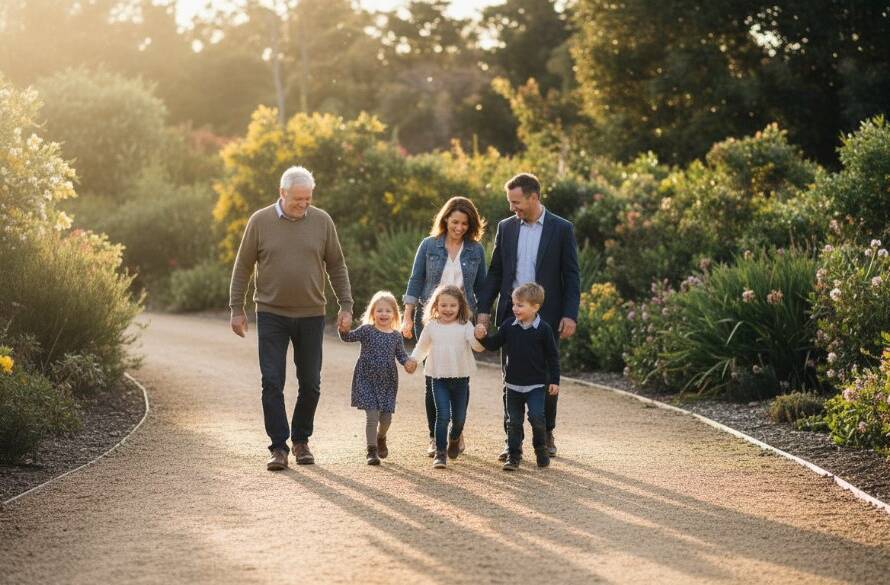 An epic moment captured by a Springvale family photographer capturing candid moments, showing a multi-generational family laughing joyfully during golden hour in Springvale Botanical Gardens, a toddler being swung by their parents, with vibrant colours and dramatic backlighting.