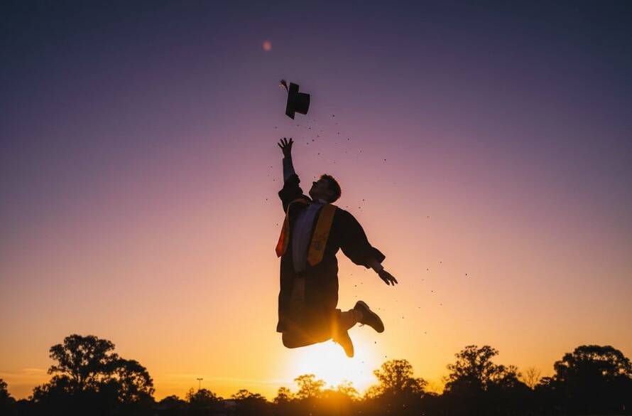 An epic moment of a graduating student in Springvale, Victoria, laughing joyfully with their cap thrown in the air, embodying Springvale graduation photography capturing candid joy, with a blurred backdrop of Springvale Park at sunset, professional, color-graded.