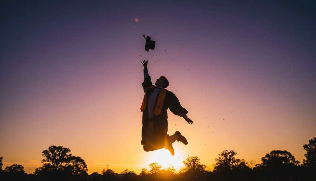An epic moment of a graduating student in Springvale, Victoria, laughing joyfully with their cap thrown in the air, embodying Springvale graduation photography capturing candid joy, with a blurred backdrop of Springvale Park at sunset, professional, color-graded.