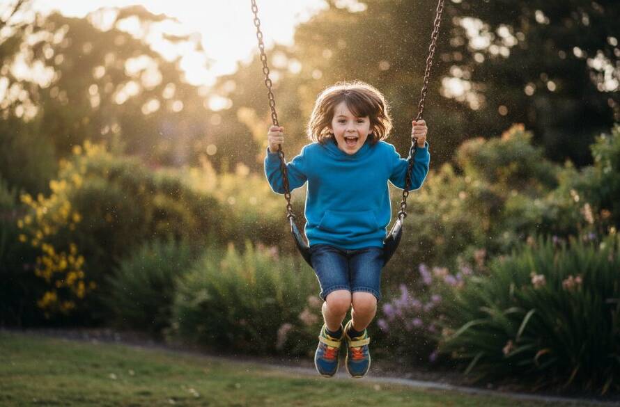 An epic moment of pure, authentic joy captured during Springvale kids photography, showing a child mid-air on a swing in a sun-dappled park, with vibrant colours and a dreamy bokeh.