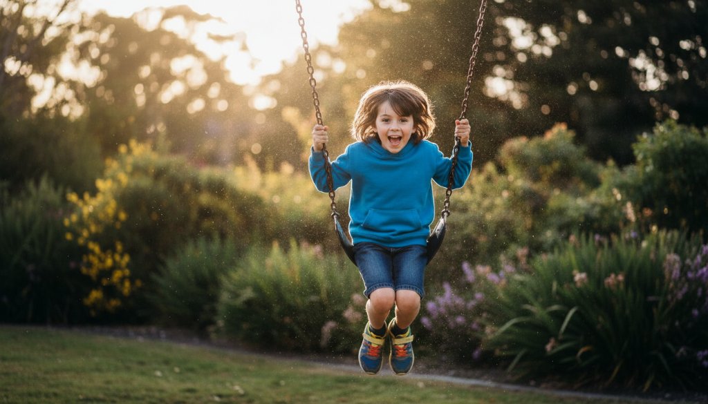 An epic moment of pure, authentic joy captured during Springvale kids photography, showing a child mid-air on a swing in a sun-dappled park, with vibrant colours and a dreamy bokeh.