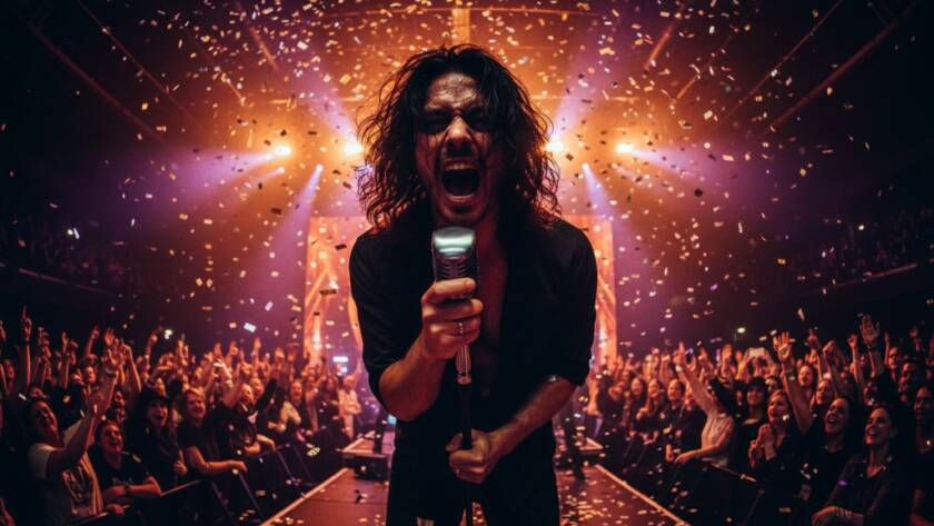 Dynamic wide-angle shot of a lead guitarist shredding on stage in Springvale, bathed in dramatic red and blue stage lights, expertly showcasing Springvale live music photography capturing vibrant performances.