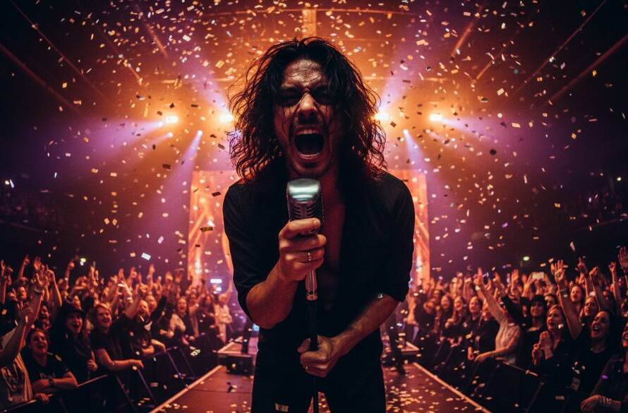 Dynamic wide-angle shot of a lead guitarist shredding on stage in Springvale, bathed in dramatic red and blue stage lights, expertly showcasing Springvale live music photography capturing vibrant performances.