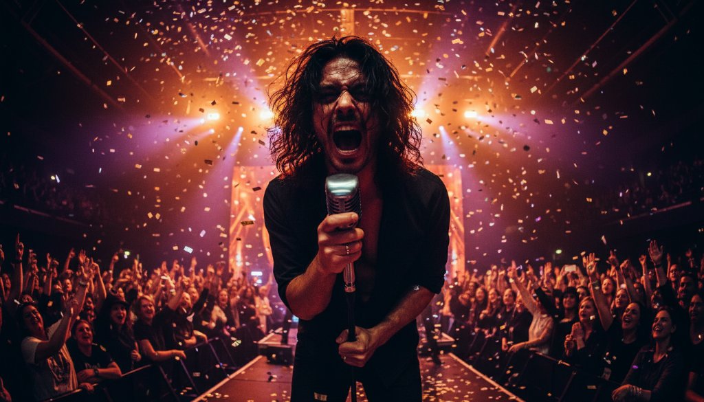 Dynamic wide-angle shot of a lead guitarist shredding on stage in Springvale, bathed in dramatic red and blue stage lights, expertly showcasing Springvale live music photography capturing vibrant performances.