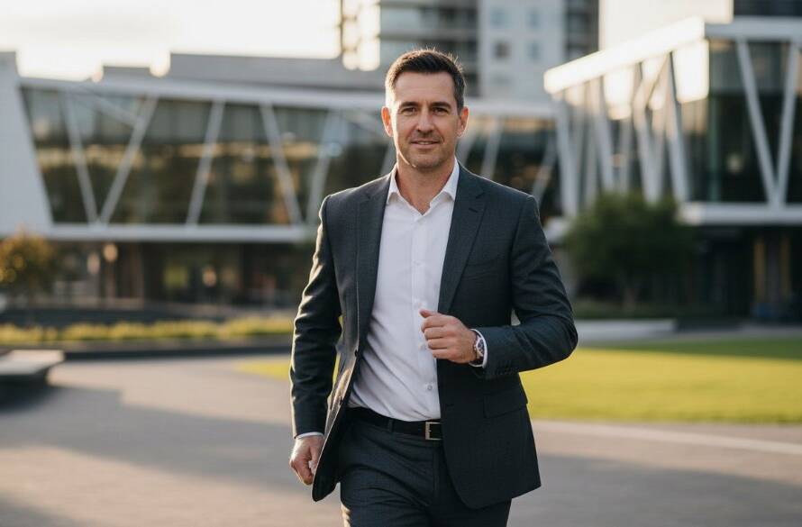 A confident male professional, mid-laugh, captured in a candid, bright, and impactful portrait as part of Springvale professional headshots for career impact, against a subtly blurred backdrop of Springvale's modern urban landscape at golden hour, showcasing authenticity and approachability, professional photography style.