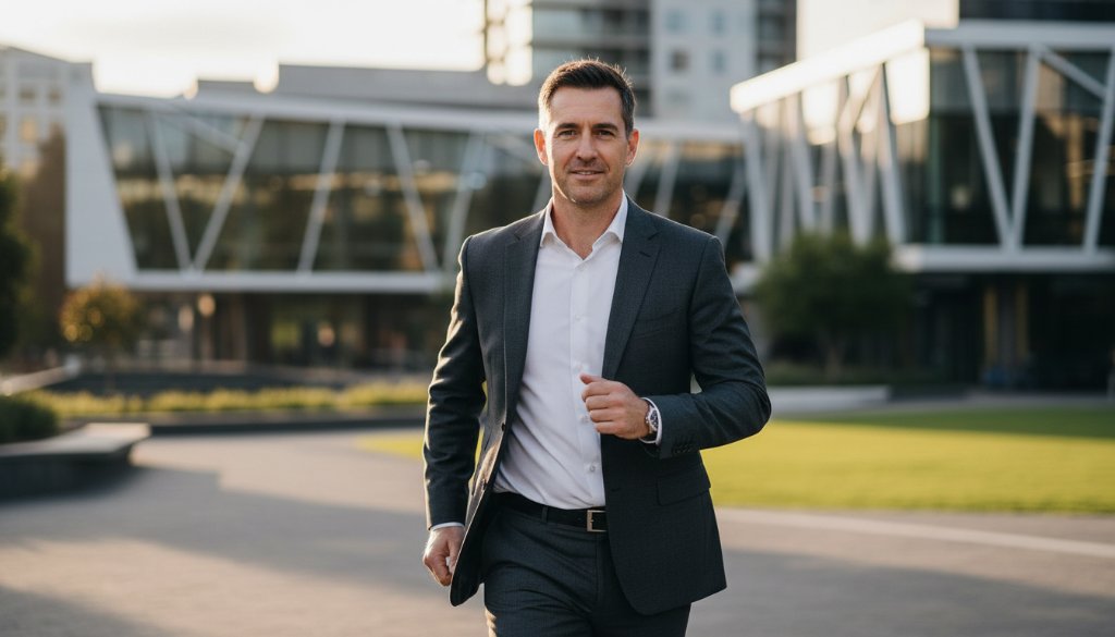 A confident male professional, mid-laugh, captured in a candid, bright, and impactful portrait as part of Springvale professional headshots for career impact, against a subtly blurred backdrop of Springvale's modern urban landscape at golden hour, showcasing authenticity and approachability, professional photography style.